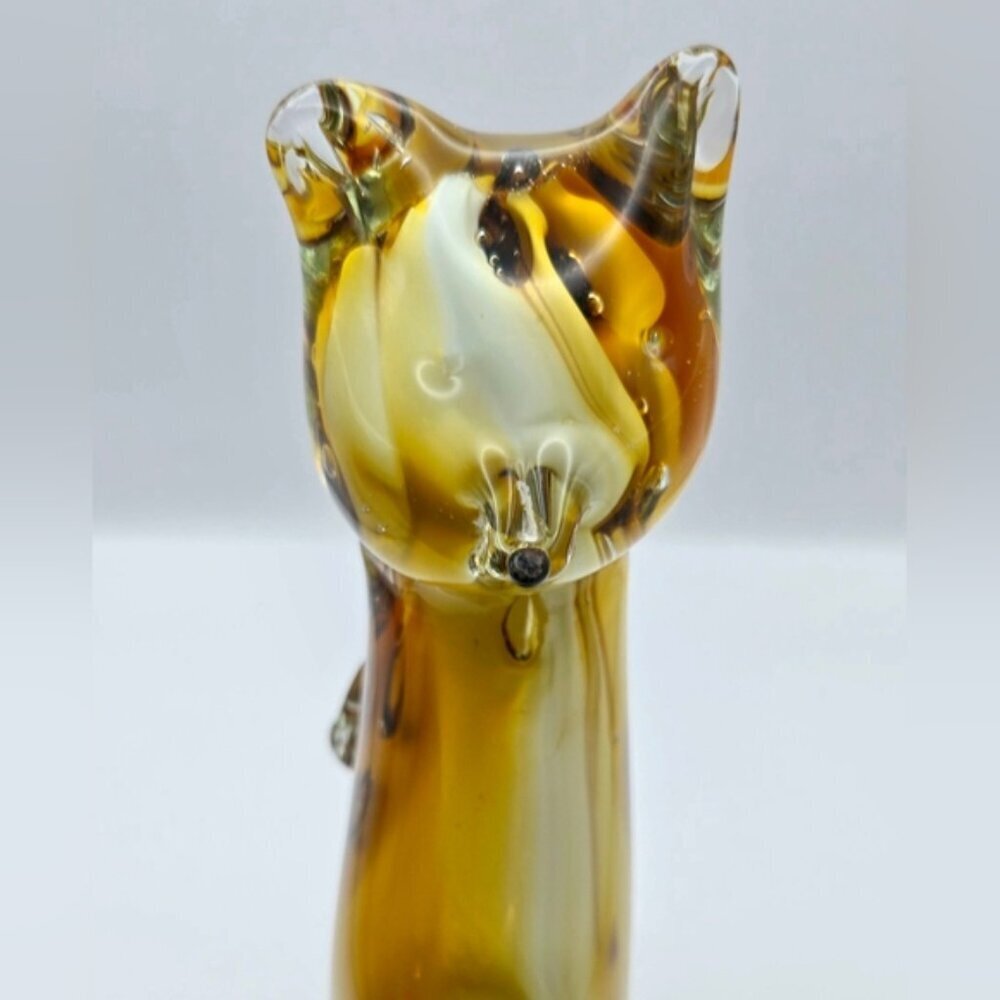 Vintage 10" Blown Art Glass MCM Cat Figure Amber Leopard Spots - Picture 5 of 8
